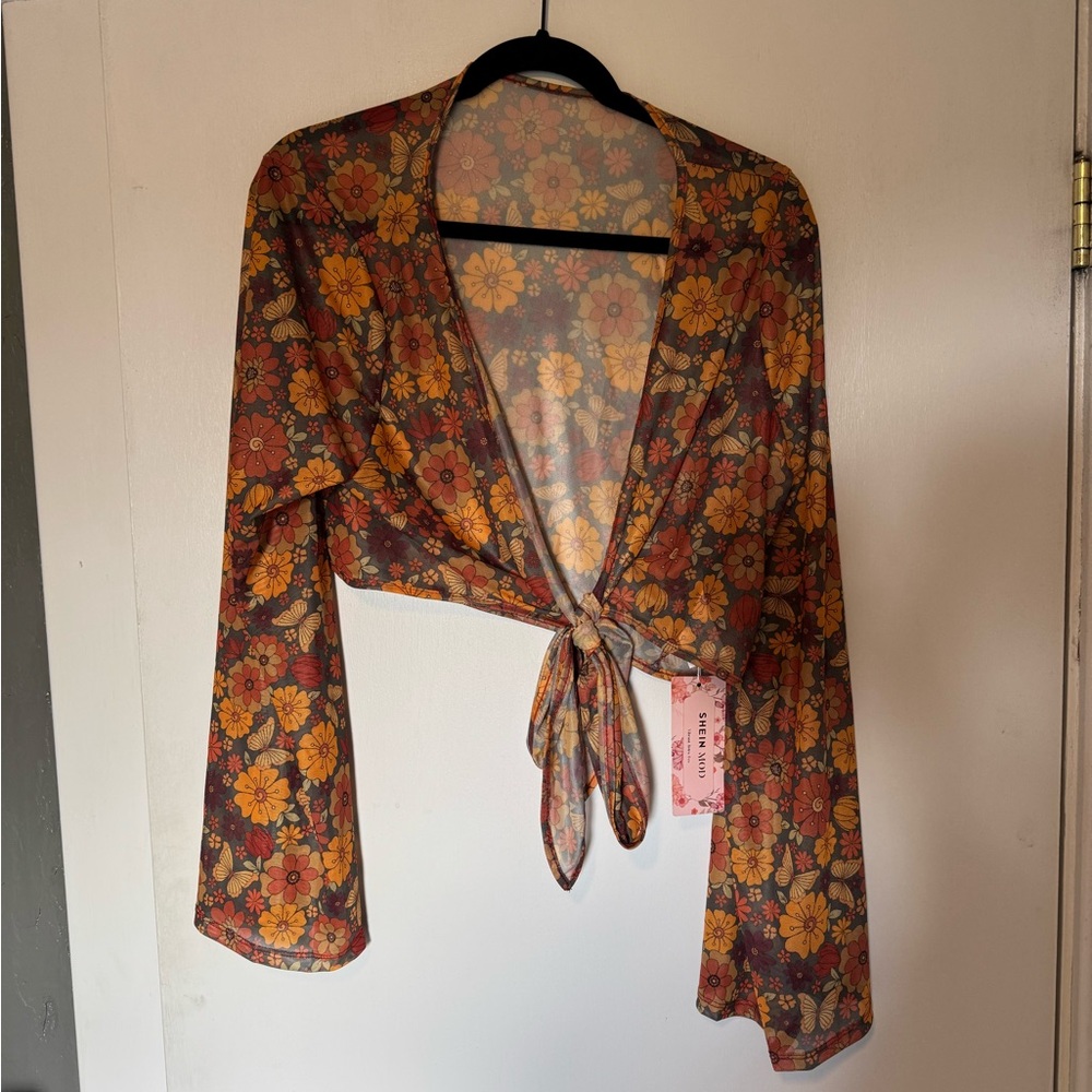 SHEIN Floral Tie-Front Top in Orange and Yellow